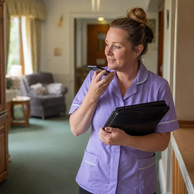 A care-home nurse walking a bright, well-kept residential hallway, phone in hand, glancing toward a handrail. No residents in frame.