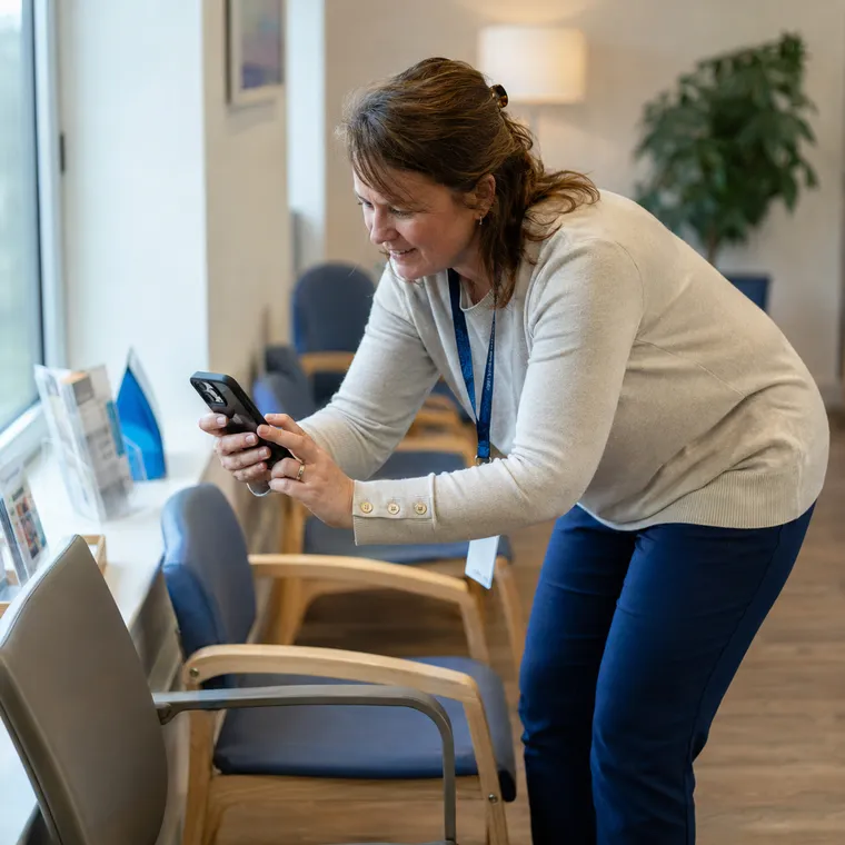 A practice staff member in a calm, spotless waiting area, phone in hand, checking a surface. No patients or clinical areas in frame.