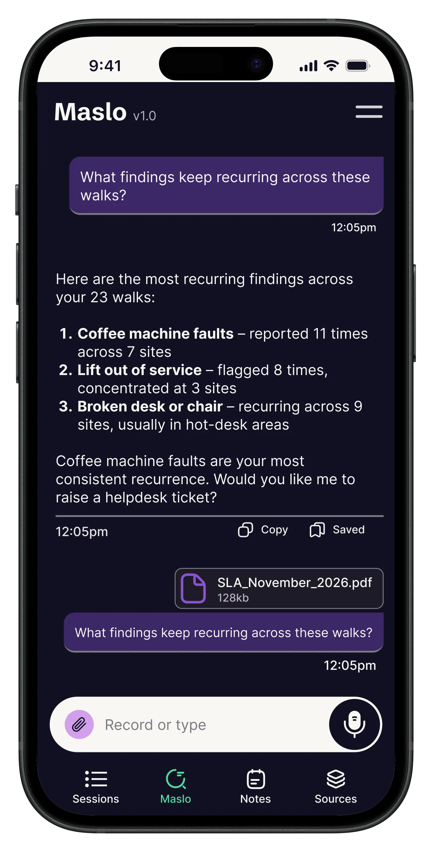A document uploaded into a Maslo conversation on a phone, ready to be worked against.
