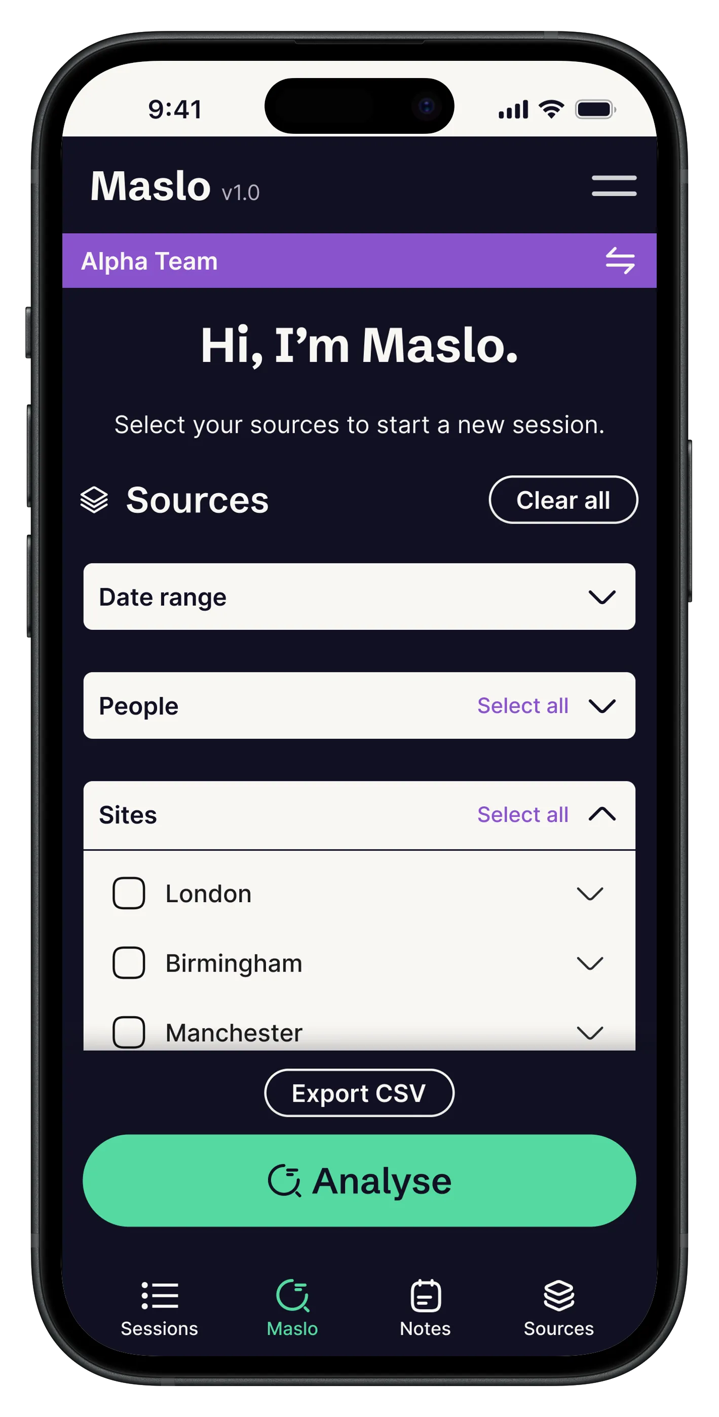 Selecting sources on a phone: a date range, the people who did the walks, and the sites to include, with an Analyse button.